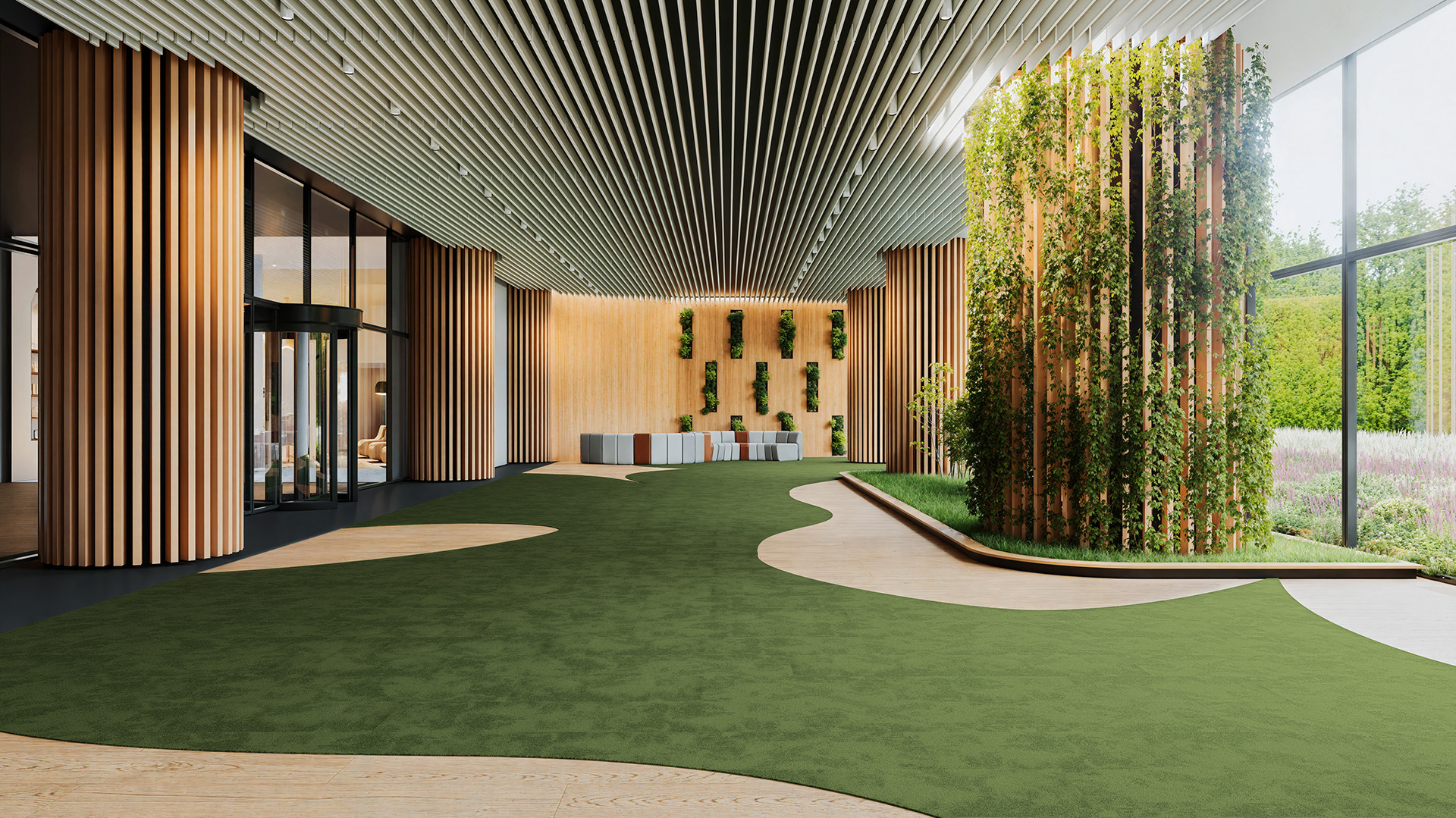 Harmonia Carpet Tiles 11 Softstep_Harmonia_Colours_Forest Veil_Hero