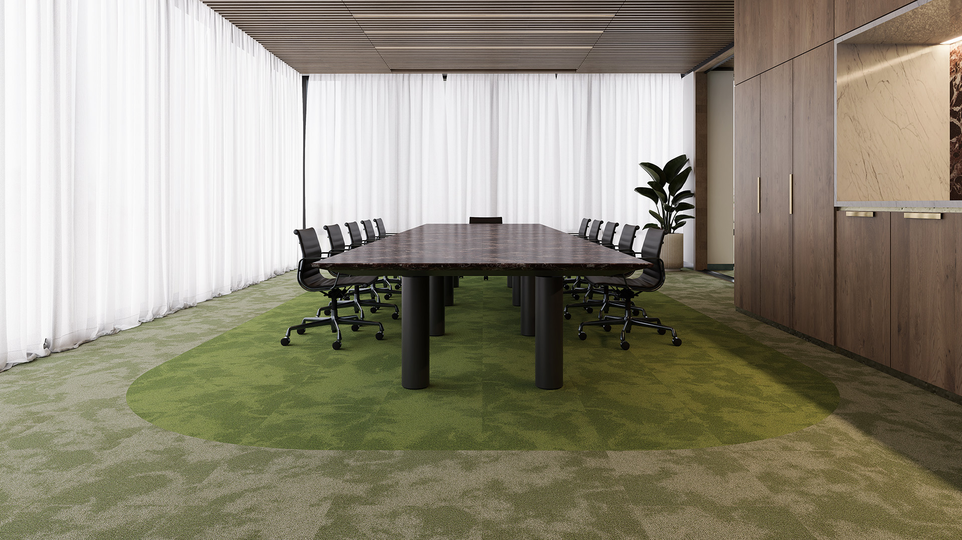 Harmonia Carpet Tiles 12 Softstep_Harmonia_Colours_Moss Hush and Pasture Dew_Vignette